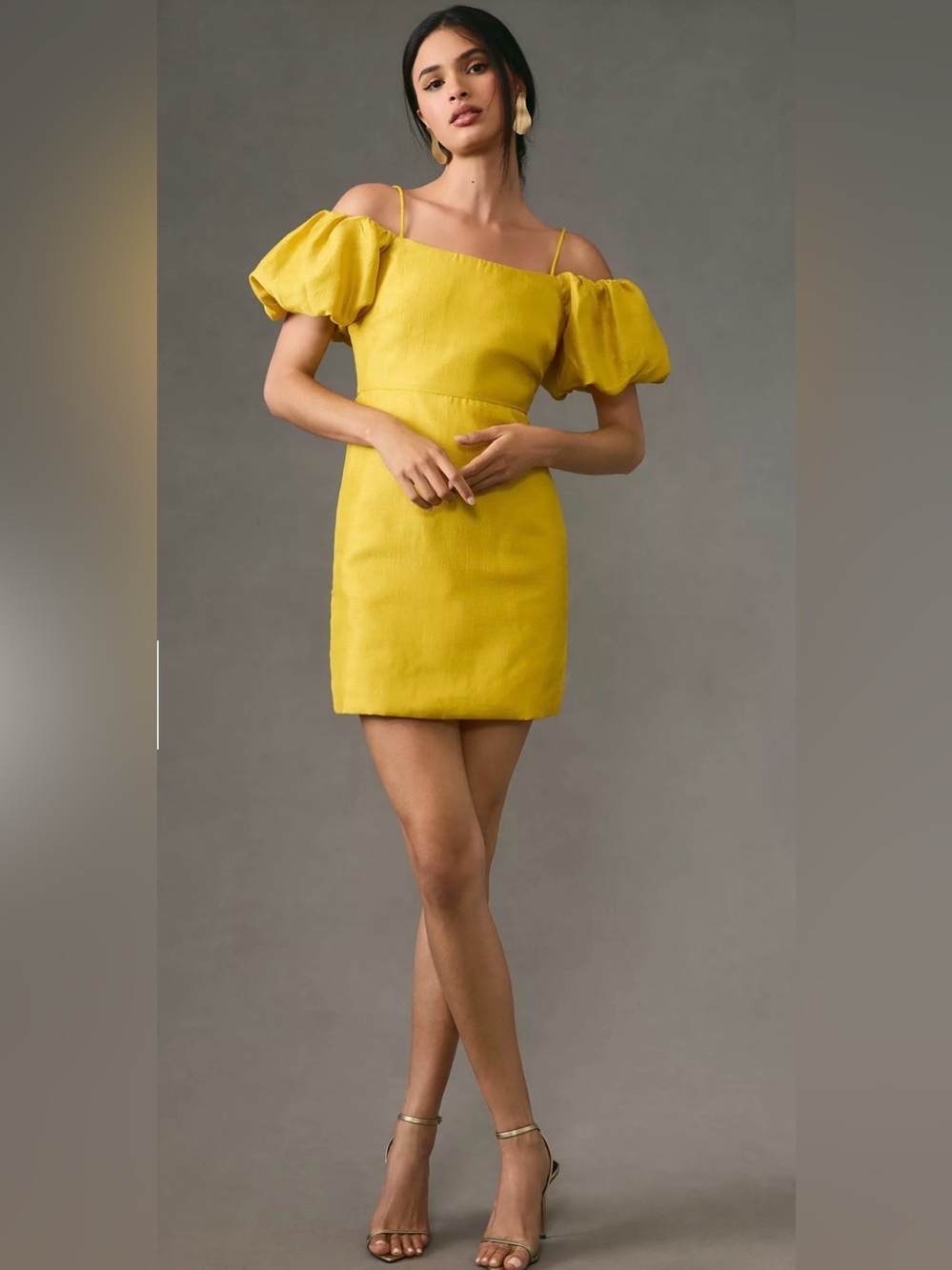 Let Me Be Slim Off-The-Shoulder Puff-Sleeve Dress Yellow